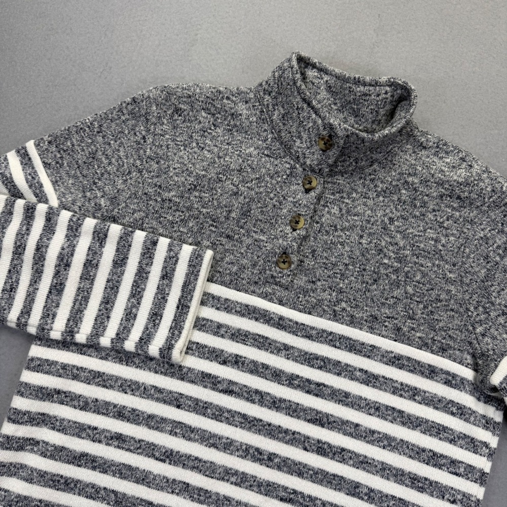 T by Talbots Womens Gray White Striped Fleece Mock Neck Button Pullover Medium - Picture 1 of 9